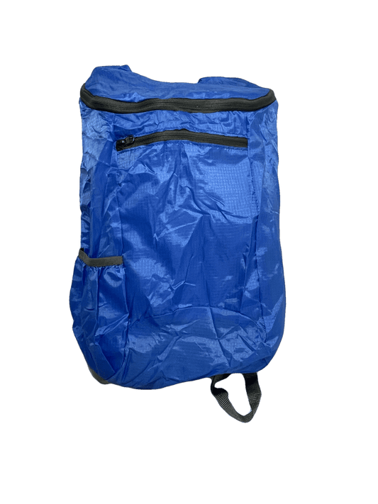 Blue compactable polyester day pack with black zip front pocket and drawstring closure