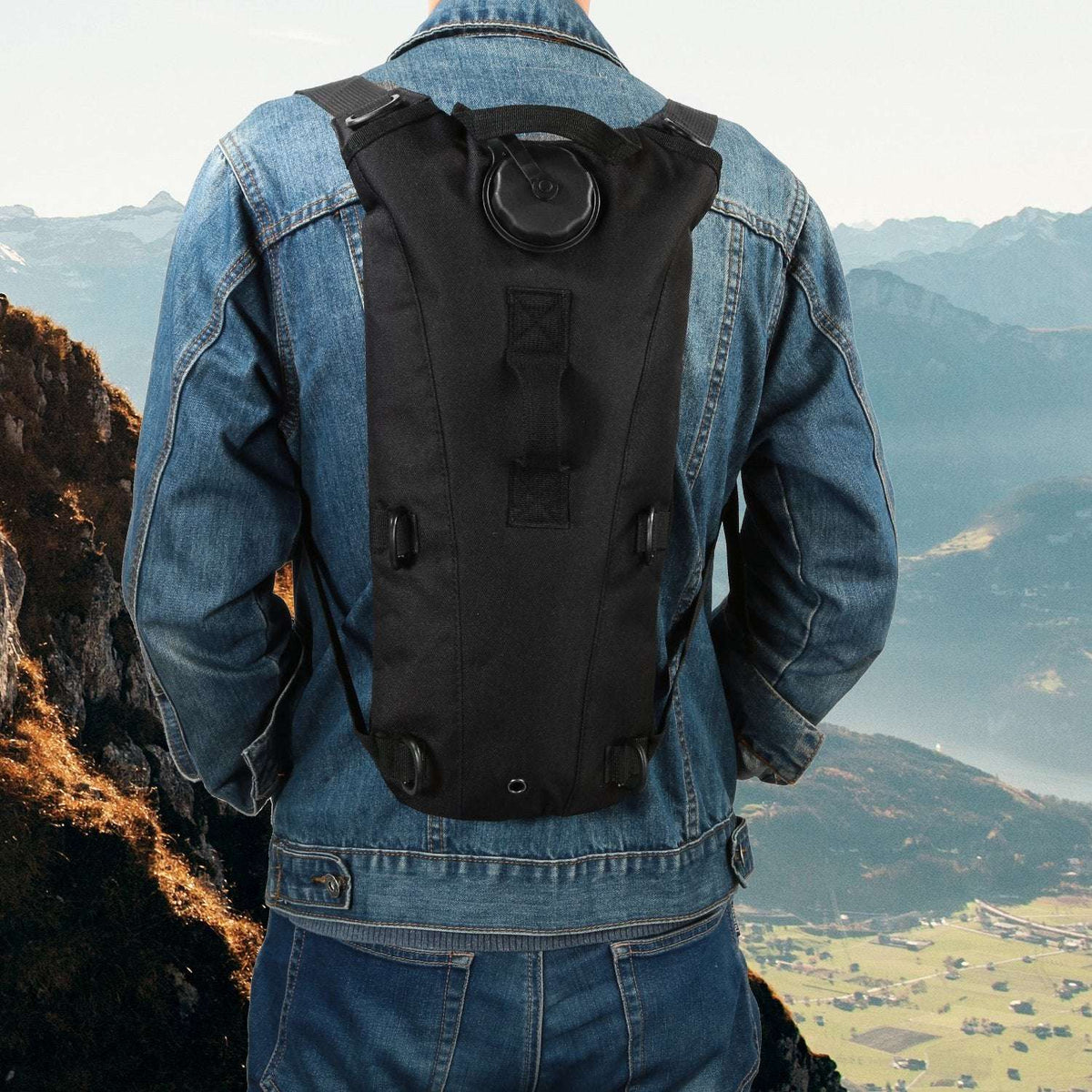 Black hydration backpack worn on the back with adjustable shoulder straps