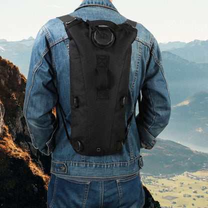 Black hydration backpack worn on the back with adjustable shoulder straps