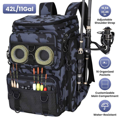 LakeForest Fishing Backpack – 42L, 16 Pockets, Dual Rod Holders & 8 D-Rings | 900D Polyester | 14.96"x9.06"x18.9" | Camo