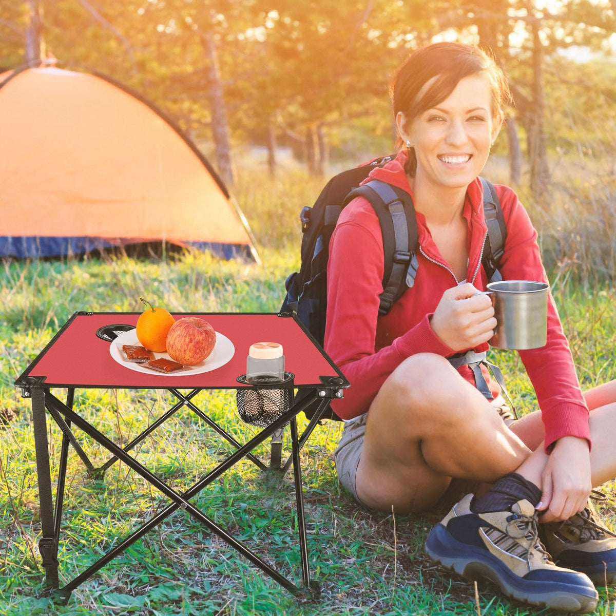 LakeForest Folding Camping Table with 2 Cup Holders – 600D Oxford, 44 lb Capacity | 18.5"x18.5" | 2.2 lbs | 1-Pc & 2-Pc Sets