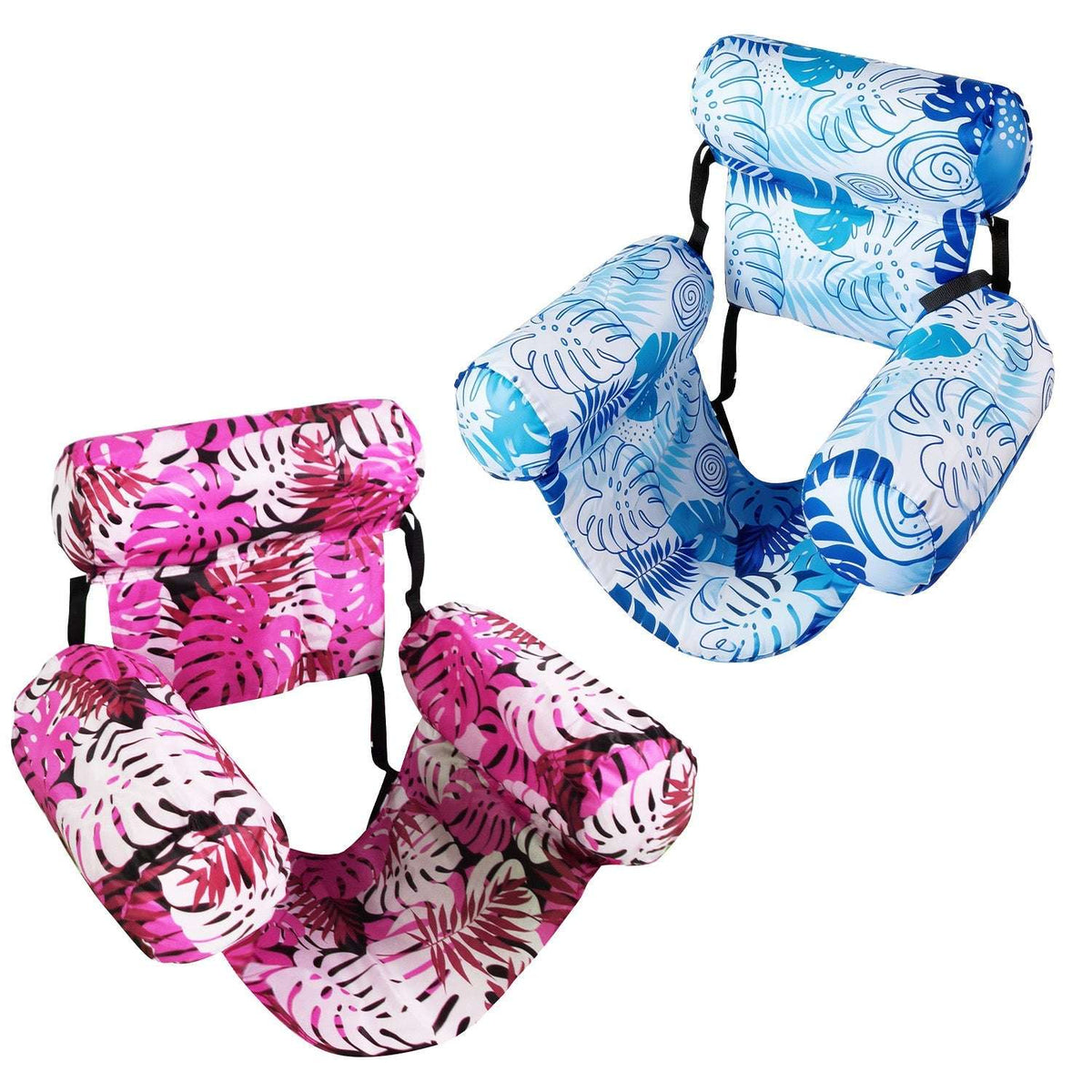 2-pack U-shaped inflatable pool hammock floats, blue and pink leaf pattern