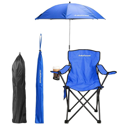 Foldable camping chair with umbrella, blue fabric, black frame, and zip carry bag