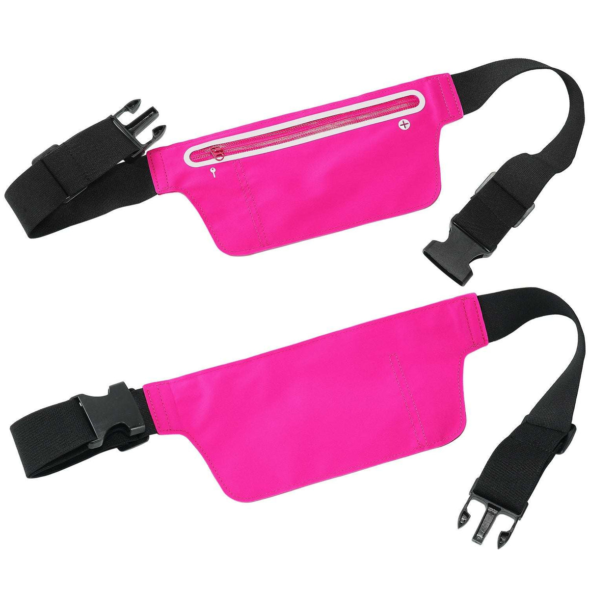 Pink slim waist pack flat lay with black adjustable straps and front zip pocket