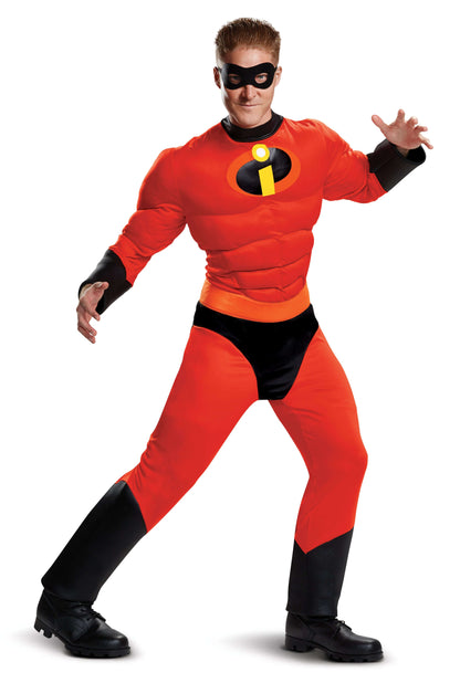 Red superhero muscle adult costume with black belt and eye mask