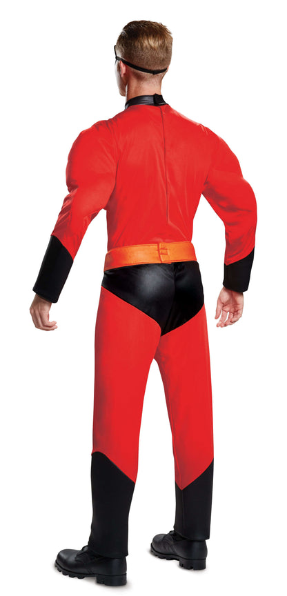 Red and black back view of superhero jumpsuit with attached belt and mask