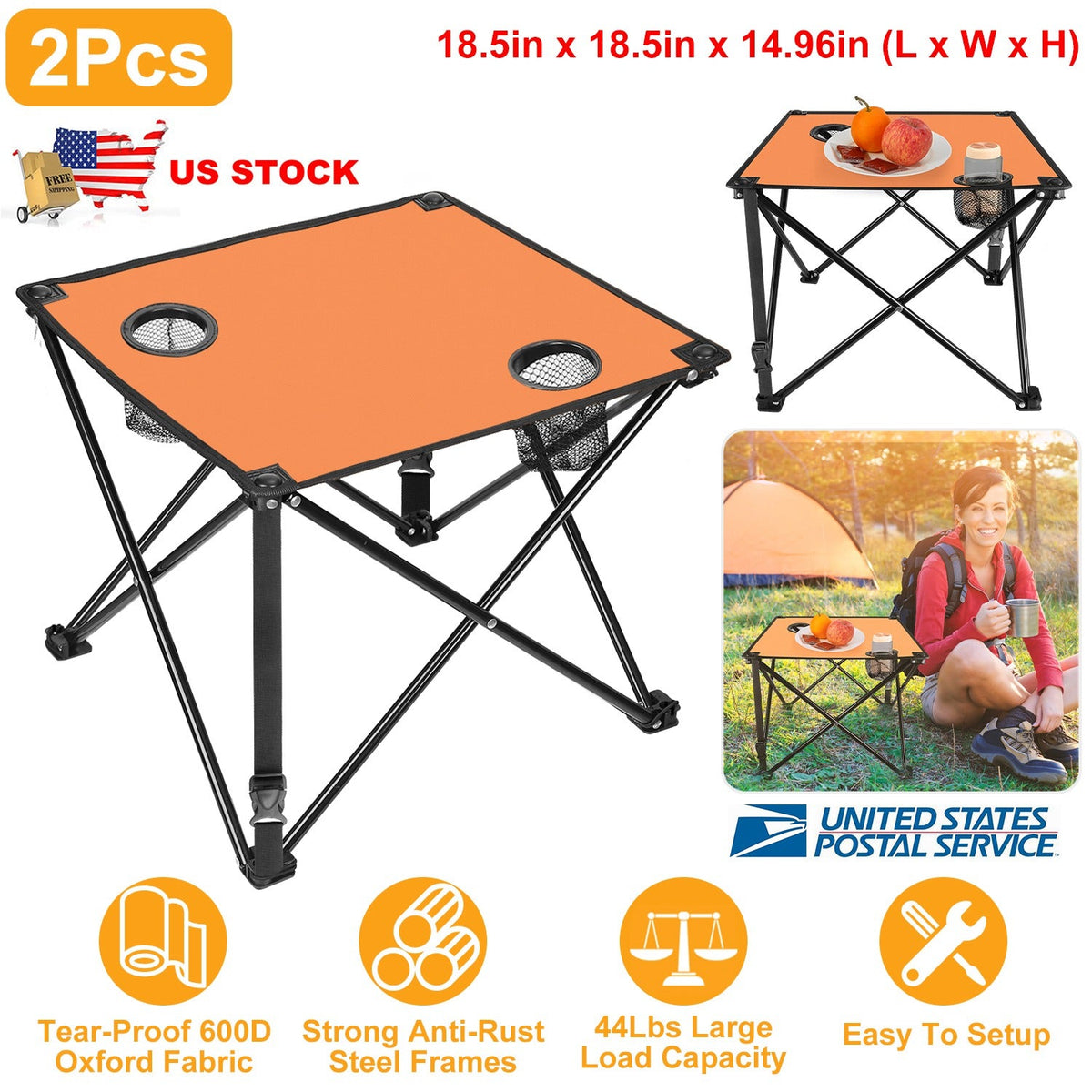 LakeForest Folding Camping Table with 2 Cup Holders – 600D Oxford, 44 lb Capacity | 18.5"x18.5" | 2.2 lbs | 1-Pc & 2-Pc Sets