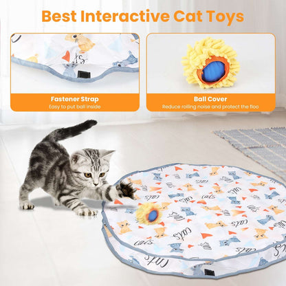 Interactive cat play mat with pouch opening and fuzzy rolling balls with blue centers