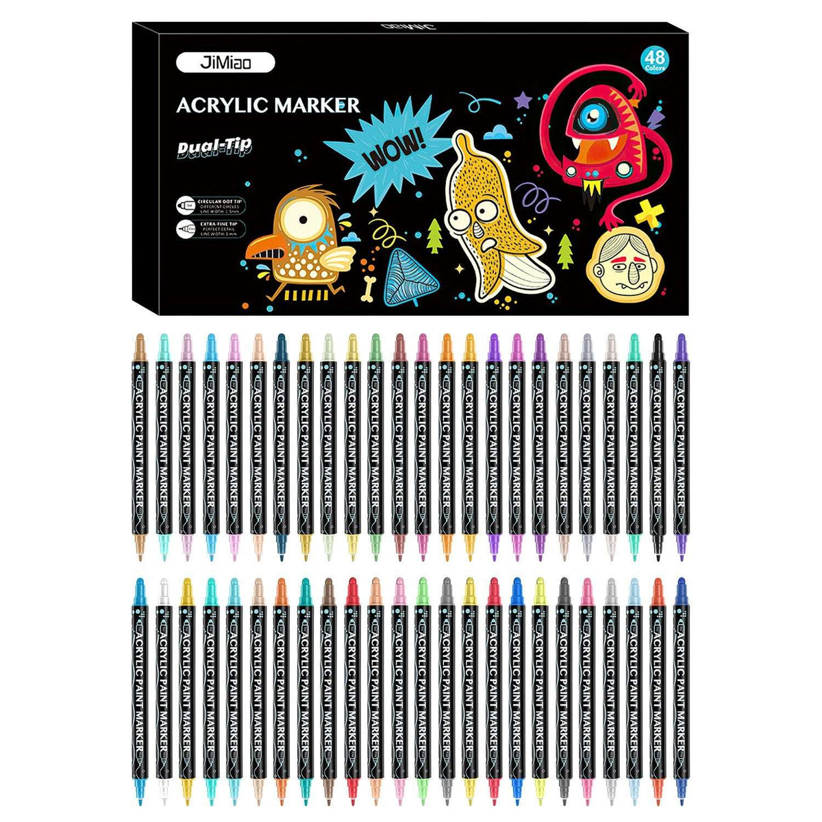 Acrylic paint marker set with dual tips, 48 pen lineup on a display