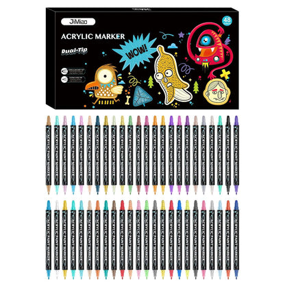 Acrylic paint marker set with dual tips, 48 pen lineup on a display