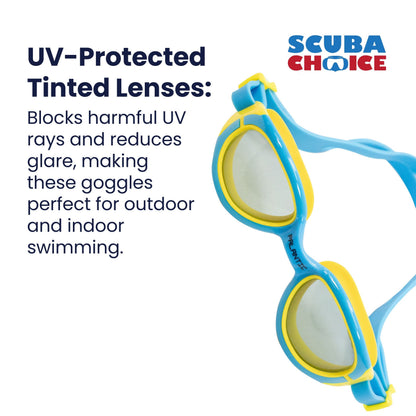 Palantic Jr. Silicone Swim Goggles | UV Tinted Anti-Fog Lenses | Kids & Narrow-Face Adults | Blue/Yellow - Niksstuff
