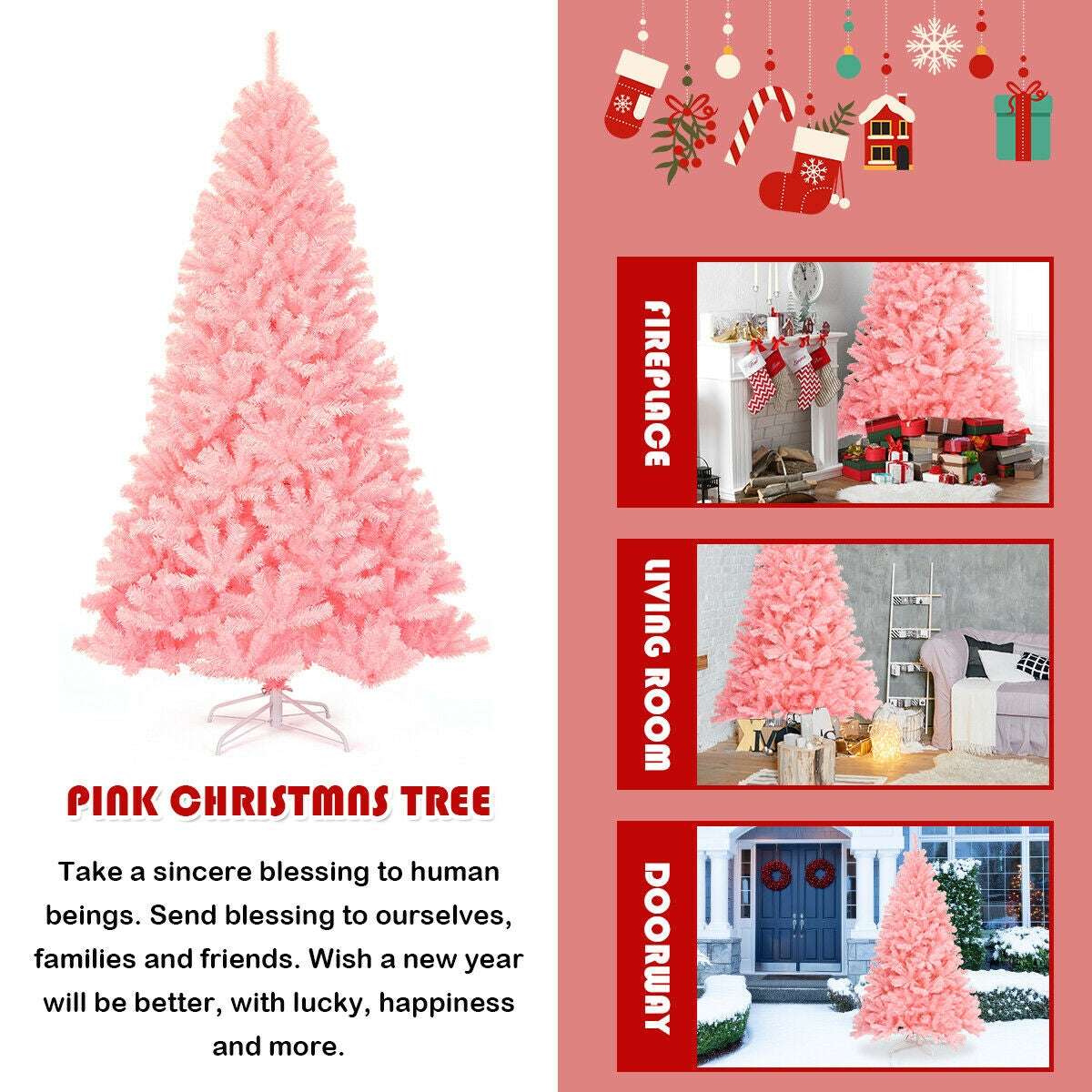 Pink artificial Christmas tree shown with fireplace, living room, and doorway settings