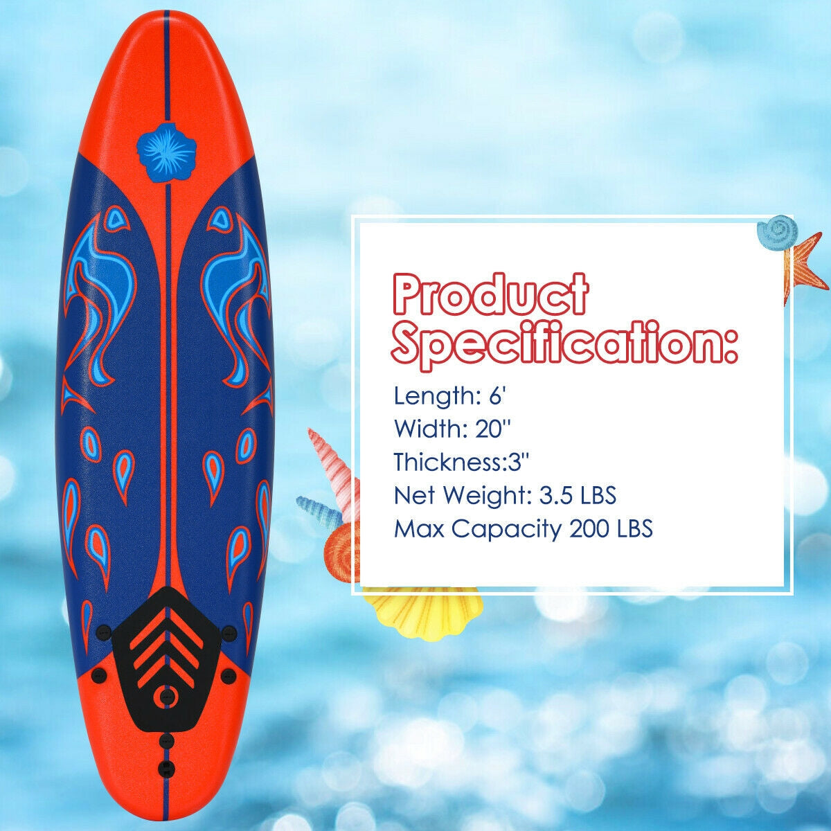 6-Foot Beginner Surfboard | 3 Detachable Fins | Leash & Traction Pad Included | Yellow, White or Red