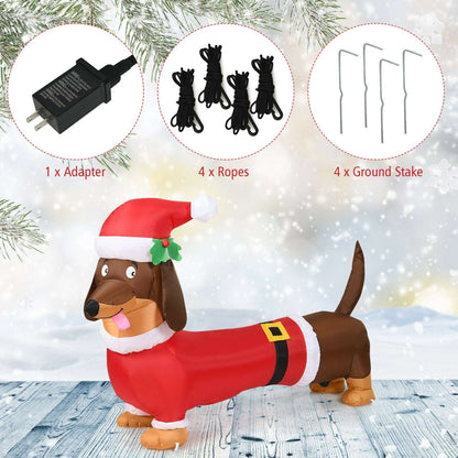 Inflatable Santa dog with included adapter, ropes, and ground stakes
