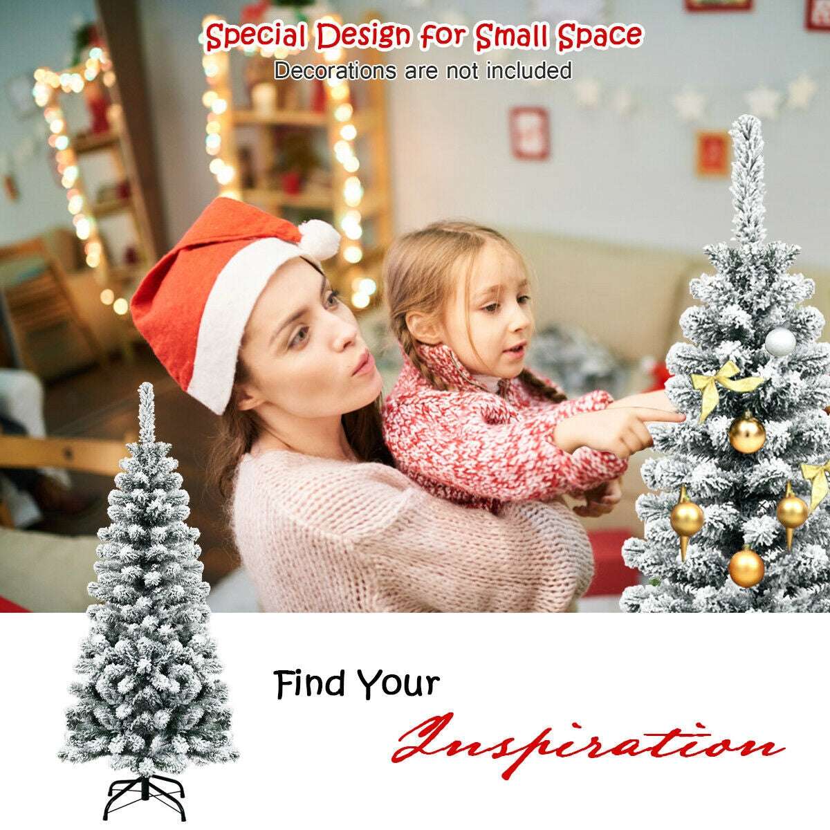Snow-flocked pencil Christmas tree decorated with gold ornaments