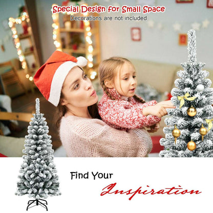 Snow-flocked pencil Christmas tree decorated with gold ornaments