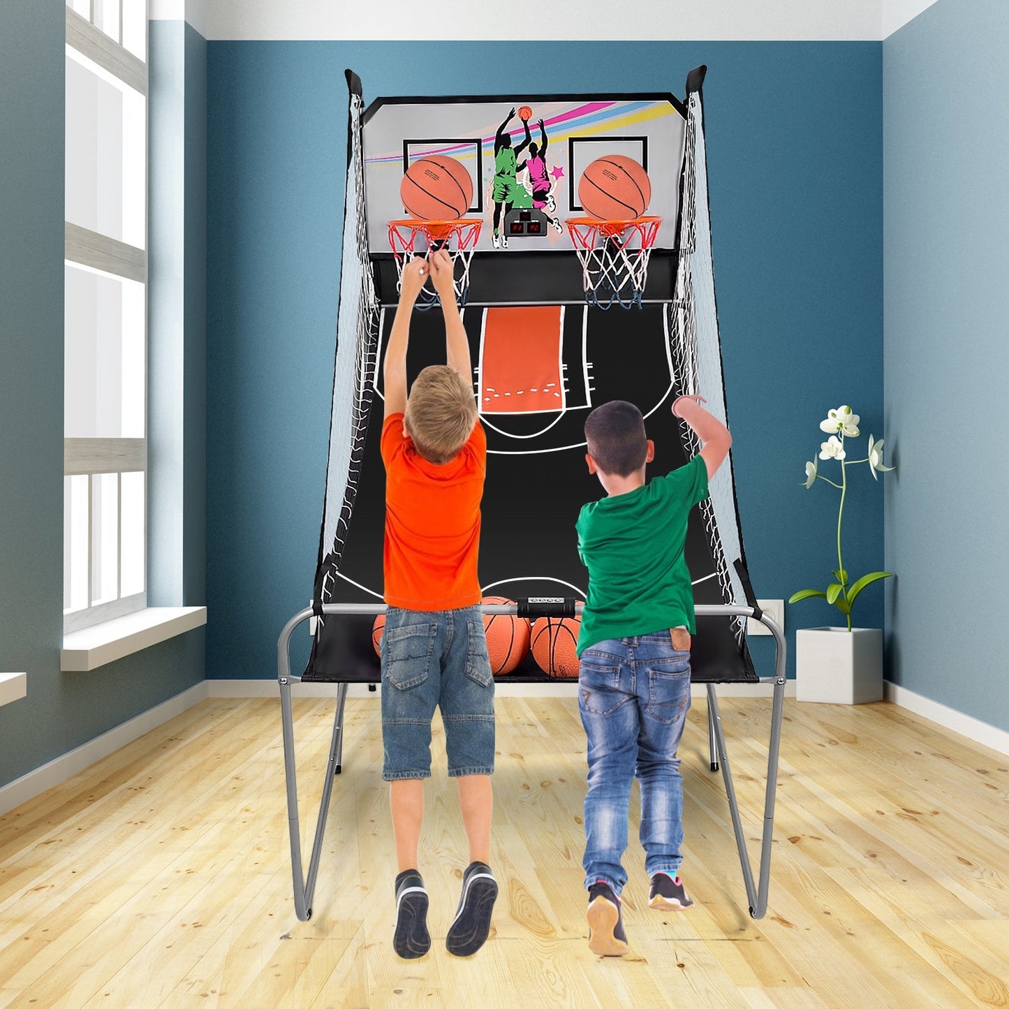 Double-Shot Electronic Basketball Arcade Game | 4 Balls | Dual Scoreboard | Multiple Game Modes | White or Gray