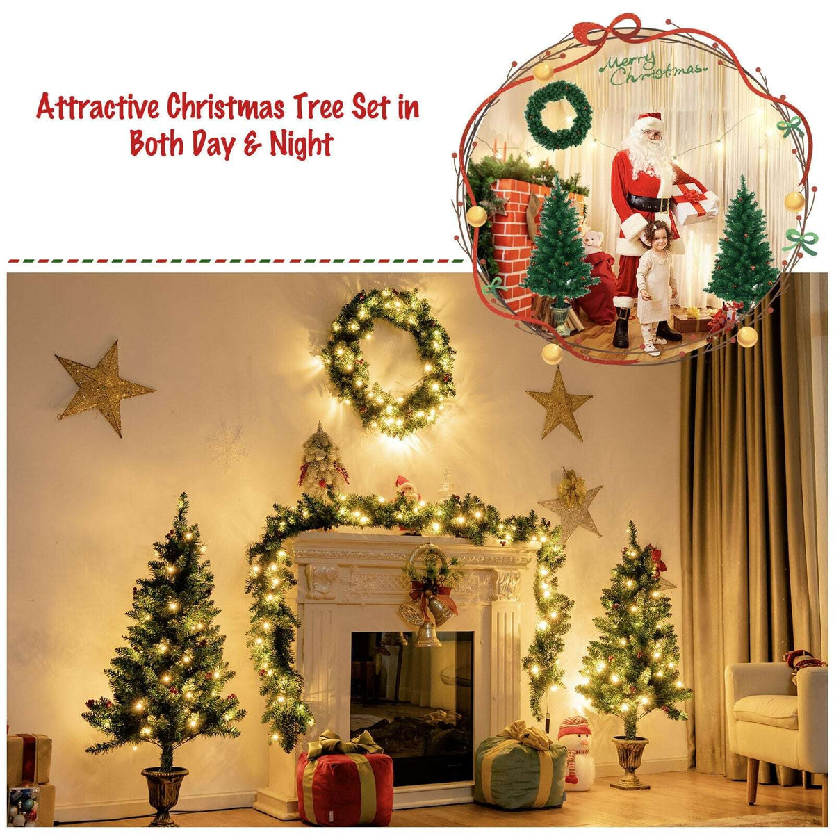 Pre-lit Christmas decor set with two potted trees, wreath, and draped garland