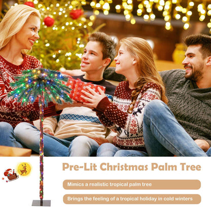 Multicolor pre-lit palm Christmas tree with lights along its trunk and fronds