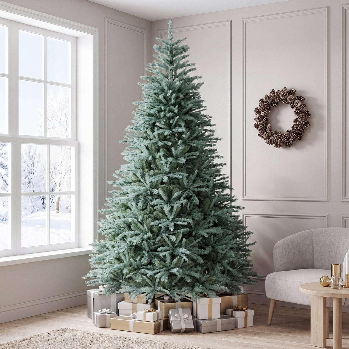 Artificial spruce Christmas tree with full blue-green branches and a tapered shape