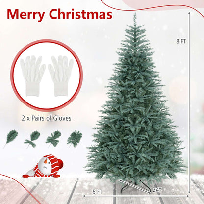 8-foot artificial spruce tree shown with 5-foot width and 24-inch stand