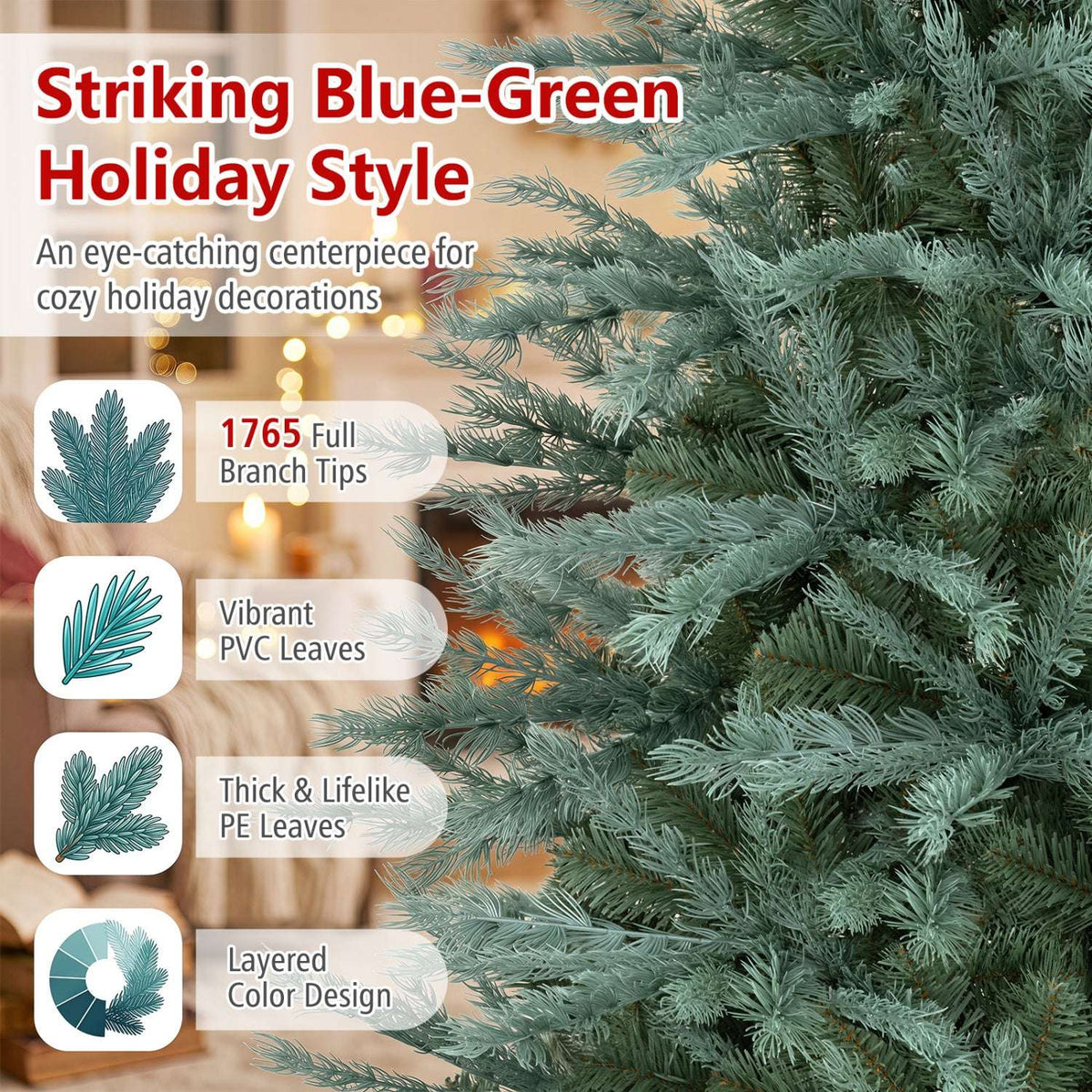 Blue-green artificial spruce branches with layered PVC and PE foliage
