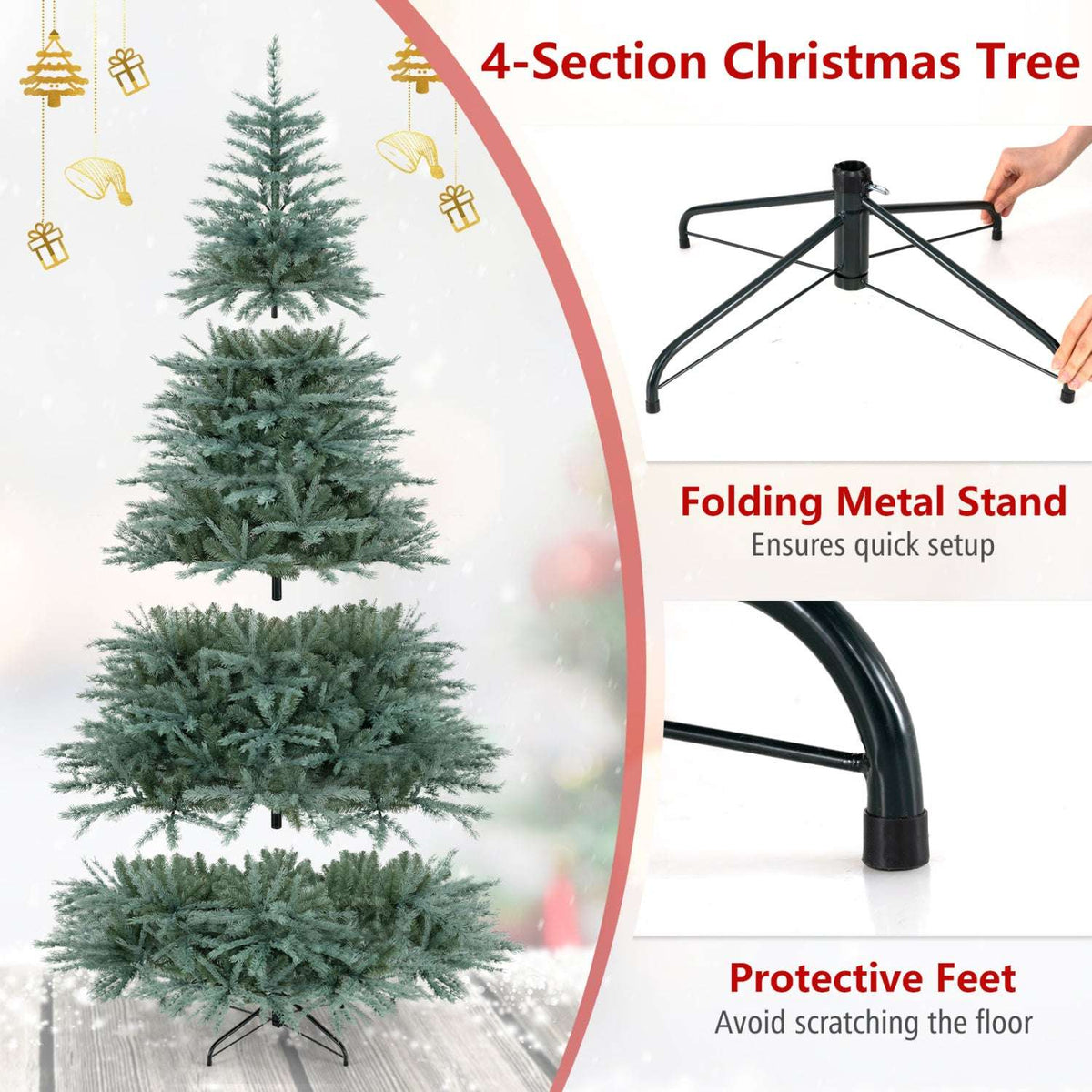 Four-section artificial spruce tree with folding metal stand and protective feet