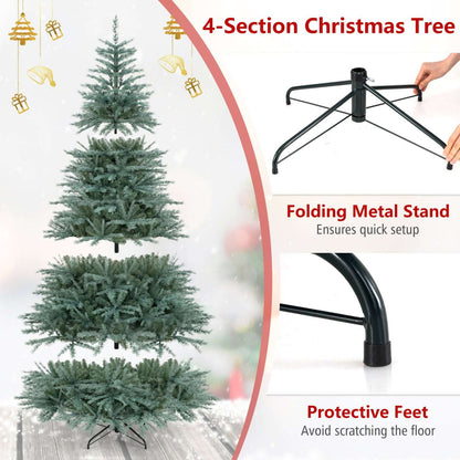 Four-section artificial spruce tree with folding metal stand and protective feet