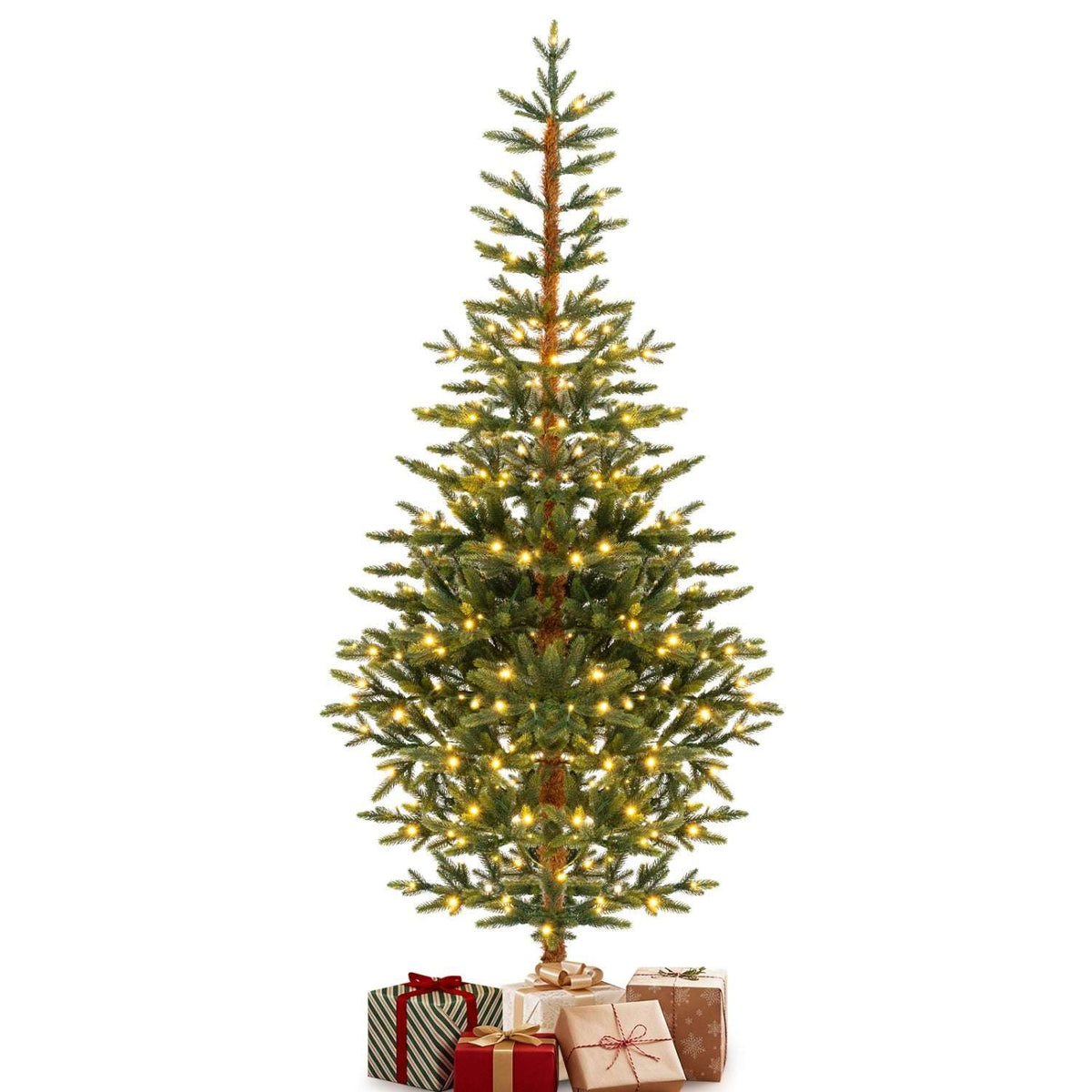 Pre-lit artificial Christmas tree with green branches and warm lights, shown with gift boxes