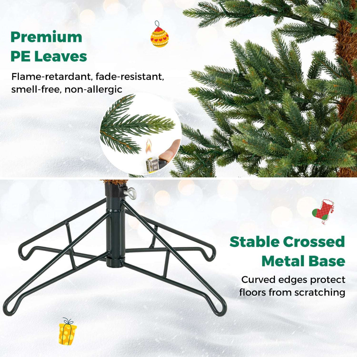 Artificial Christmas tree detail showing PE branches and a crossed metal stand