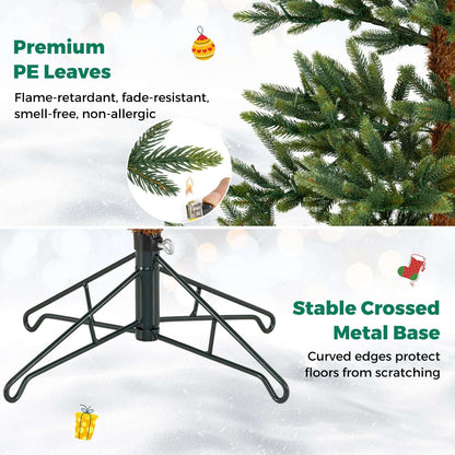 Artificial Christmas tree detail showing PE branches and a crossed metal stand