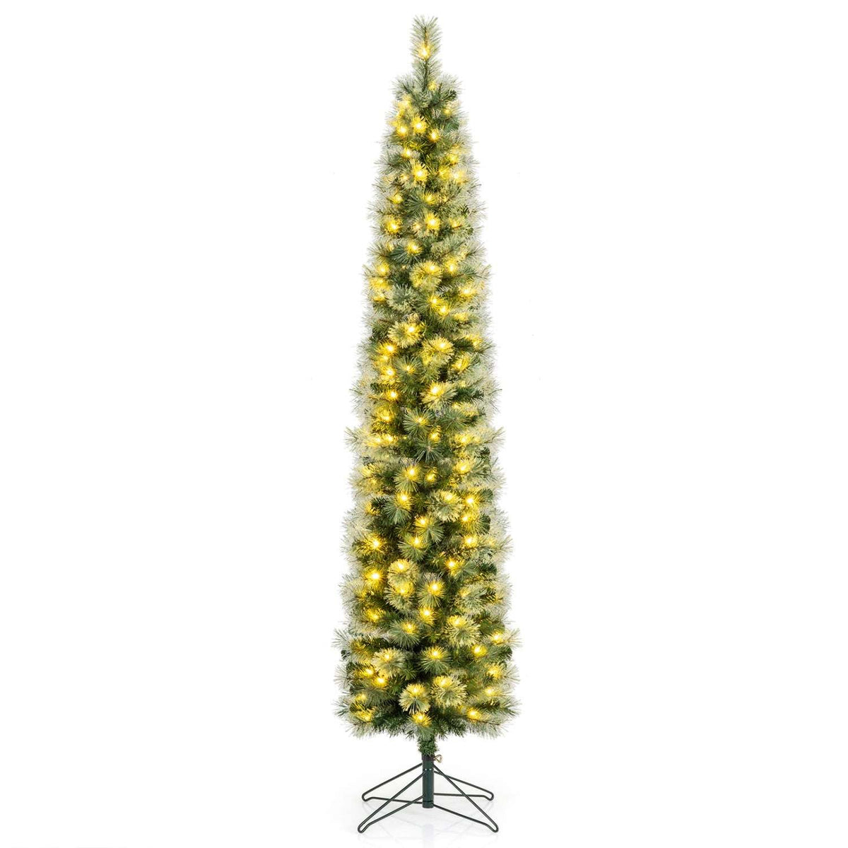 Slim pre-lit Christmas tree with green branches, warm white lights, and a metal stand