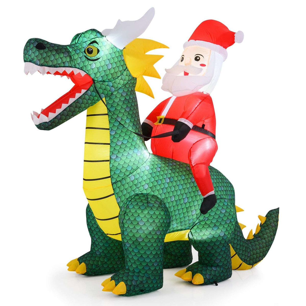 Inflatable green dinosaur with yellow belly and a red-suited Santa rider