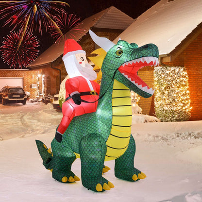 Inflatable green dinosaur with Santa rider, viewed from the opposite side