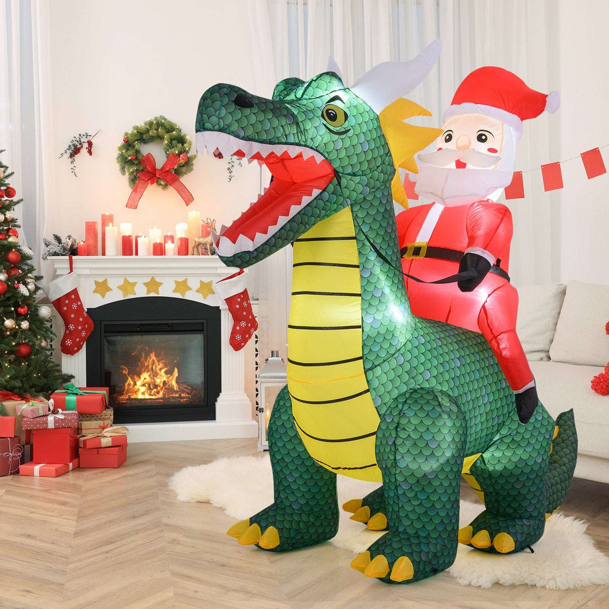 Inflatable green dinosaur carrying a red-suited Santa, shown indoors