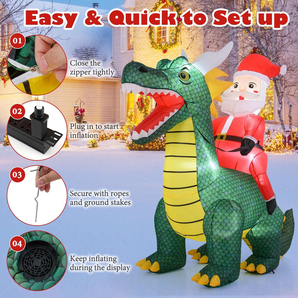 Inflatable Santa riding a green dinosaur with built-in fan and setup accessories