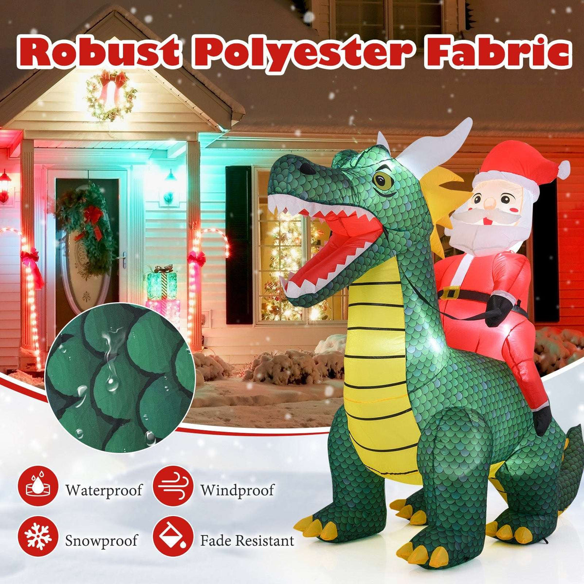 Inflatable Santa riding a green dinosaur made of polyester fabric