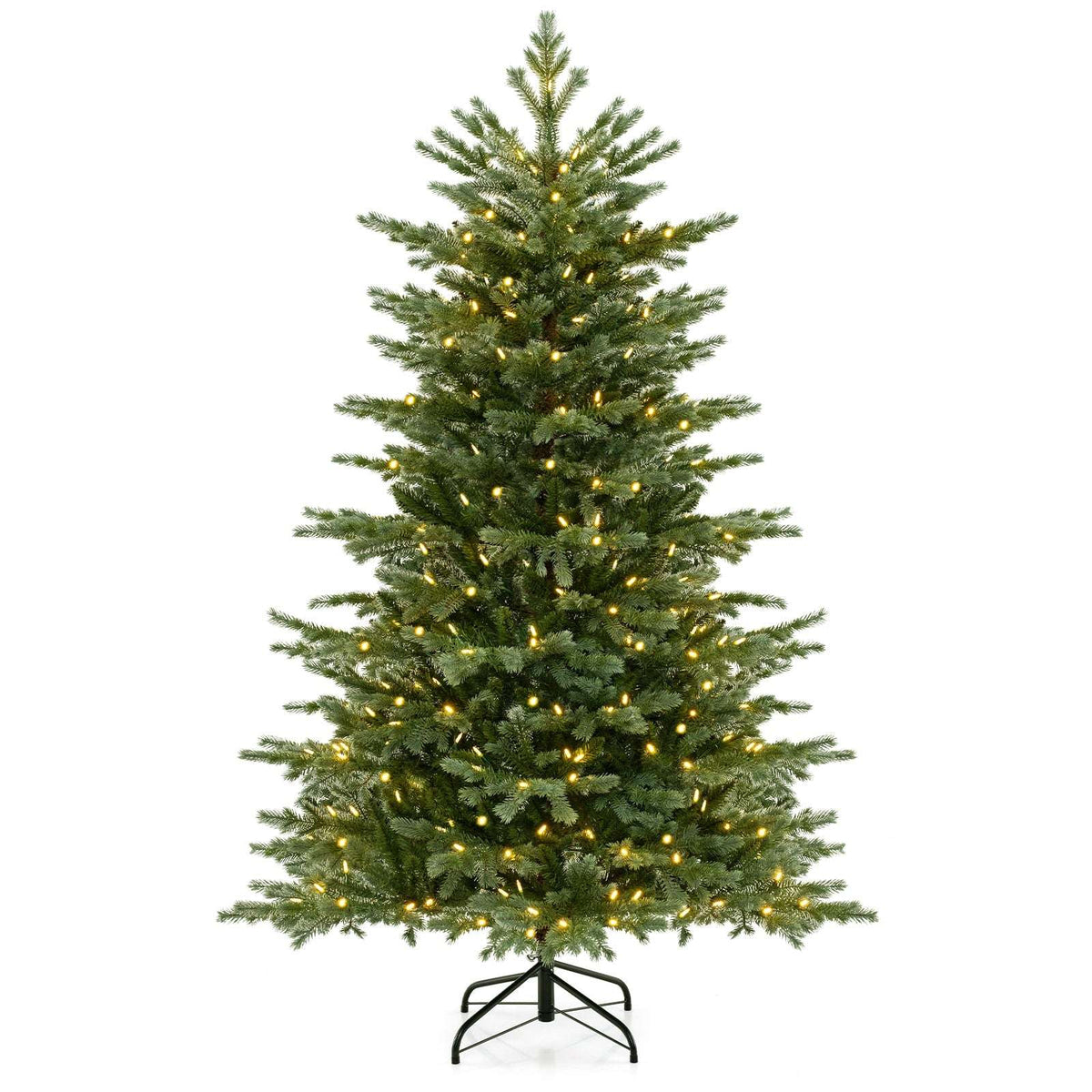 Artificial Christmas tree with dense green branches, warm white lights, and a metal stand