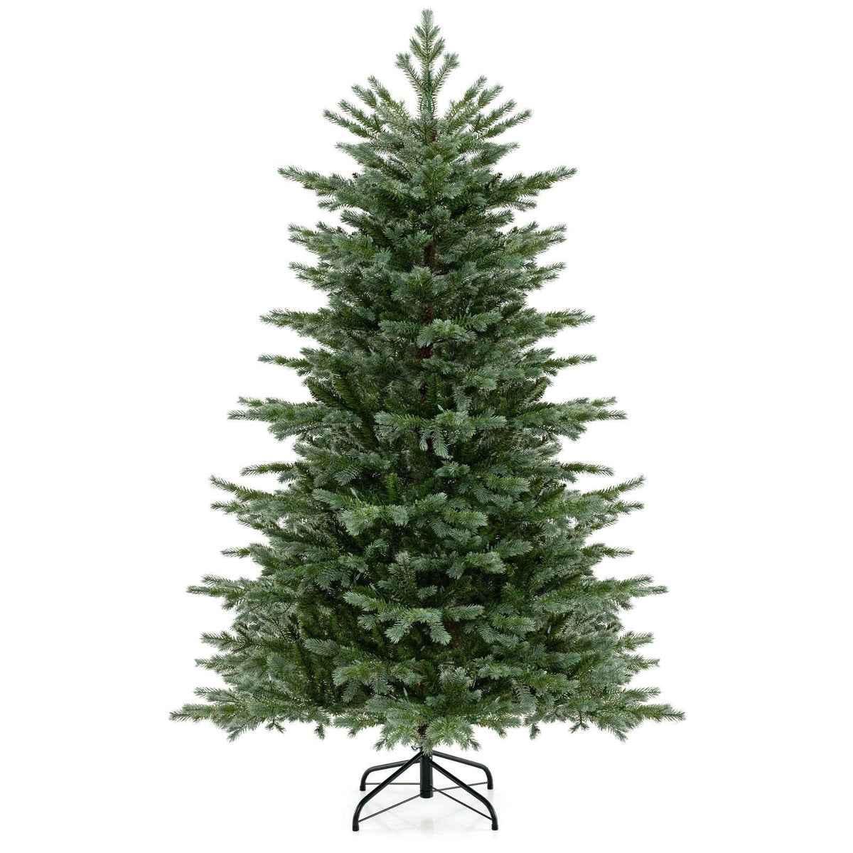 Unlit artificial Christmas tree with dense green branches and a black metal stand