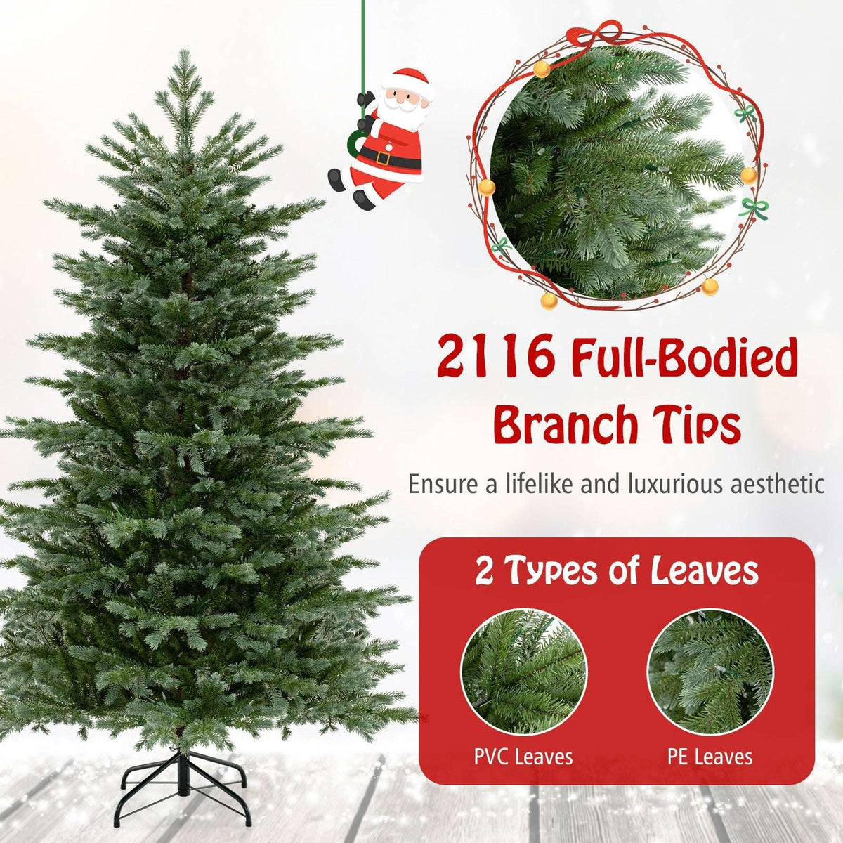 Green artificial Christmas tree with PVC and PE foliage and 2,116 branch tips
