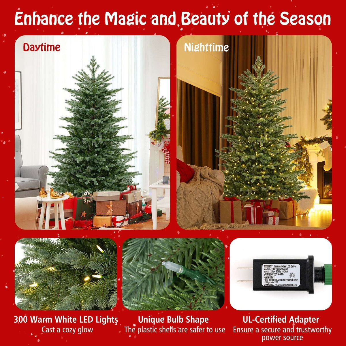 Artificial Christmas tree with warm white LED lights, PVC branches, and a power adapter