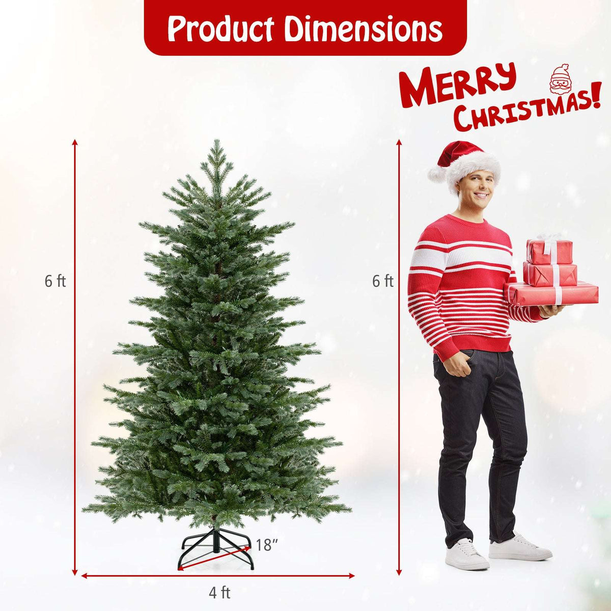 Green artificial Christmas tree, 6 feet tall, with a 4-foot width and metal stand