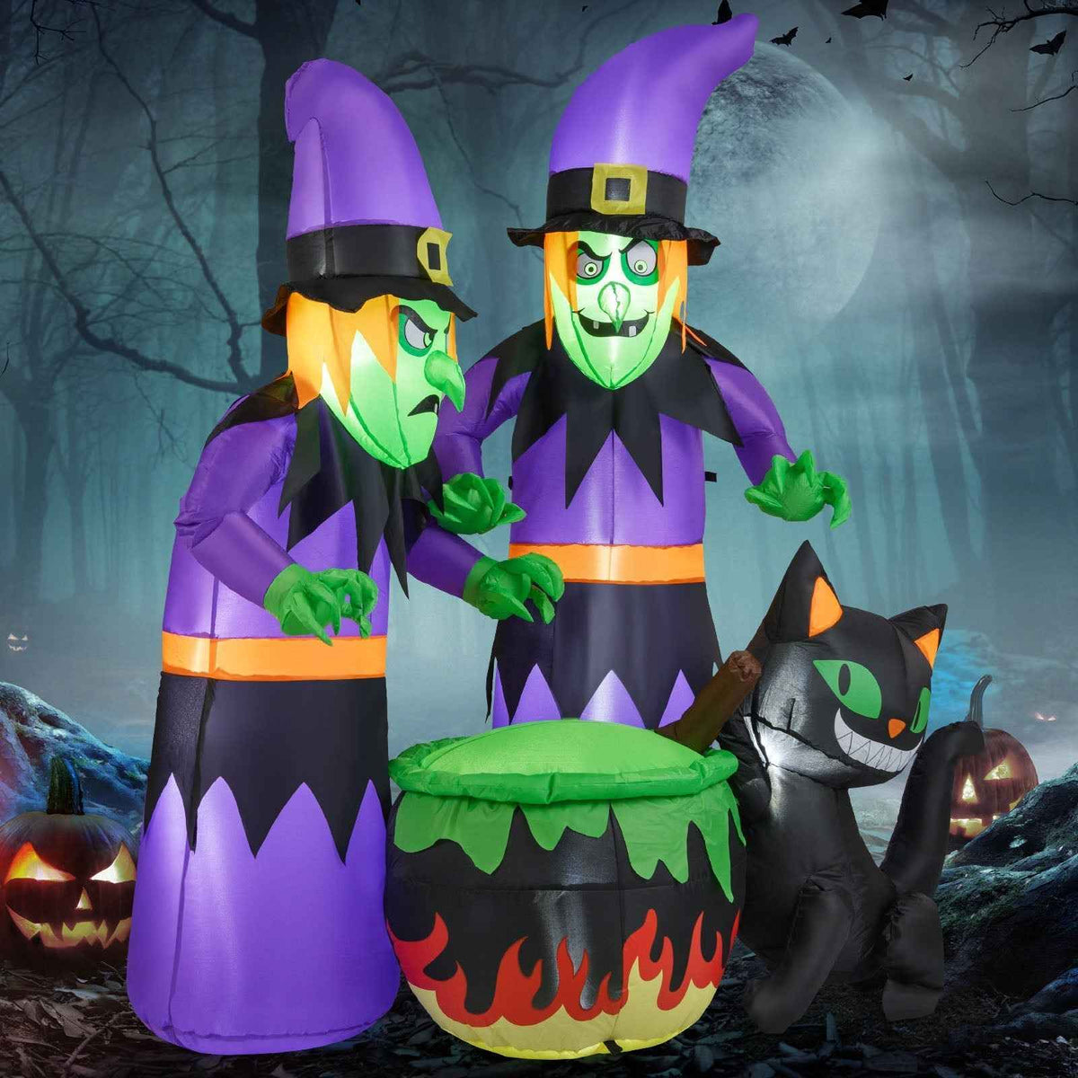 6 Ft Inflatable Halloween Witches with Cauldron & Black Cat