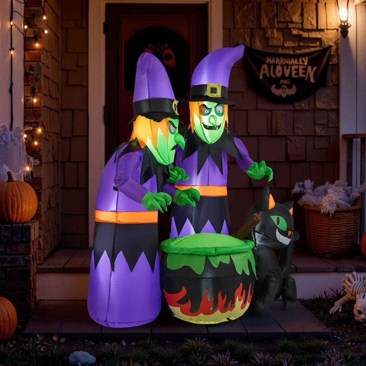 6 Ft Inflatable Halloween Witches with Cauldron & Black Cat