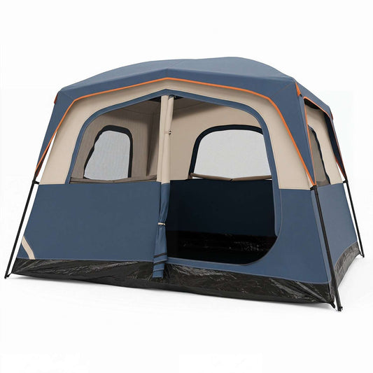 6-person camping tent with rainfly, front mesh windows, dark blue and orange trim