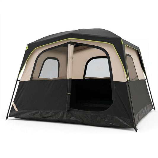 6-person camping tent with rainfly, front mesh windows, dark blue and lime trim