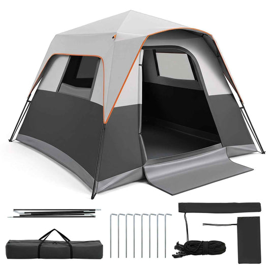 Gray cabin tent with orange trim, plus poles, stakes, bag, and rainfly panel