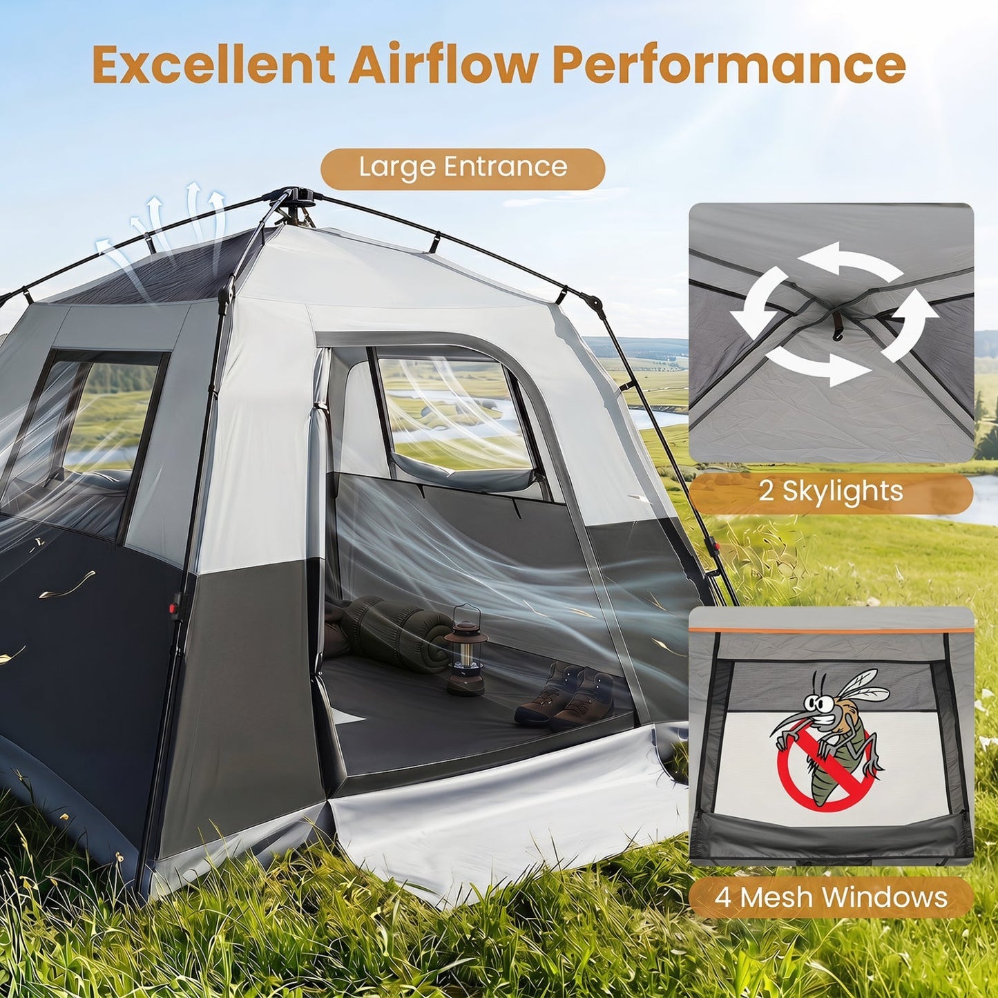 6-Person Instant Cabin Tent | Blackout Rainfly | 3000mm+ Waterproof | UPF 50+ | Gray or Orange