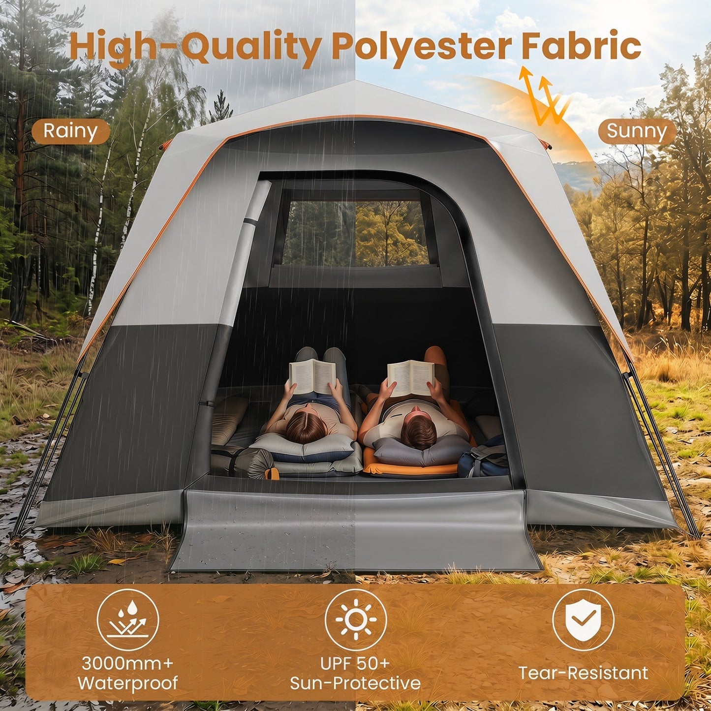 6-Person Instant Cabin Tent | Blackout Rainfly | 3000mm+ Waterproof | UPF 50+ | Gray or Orange