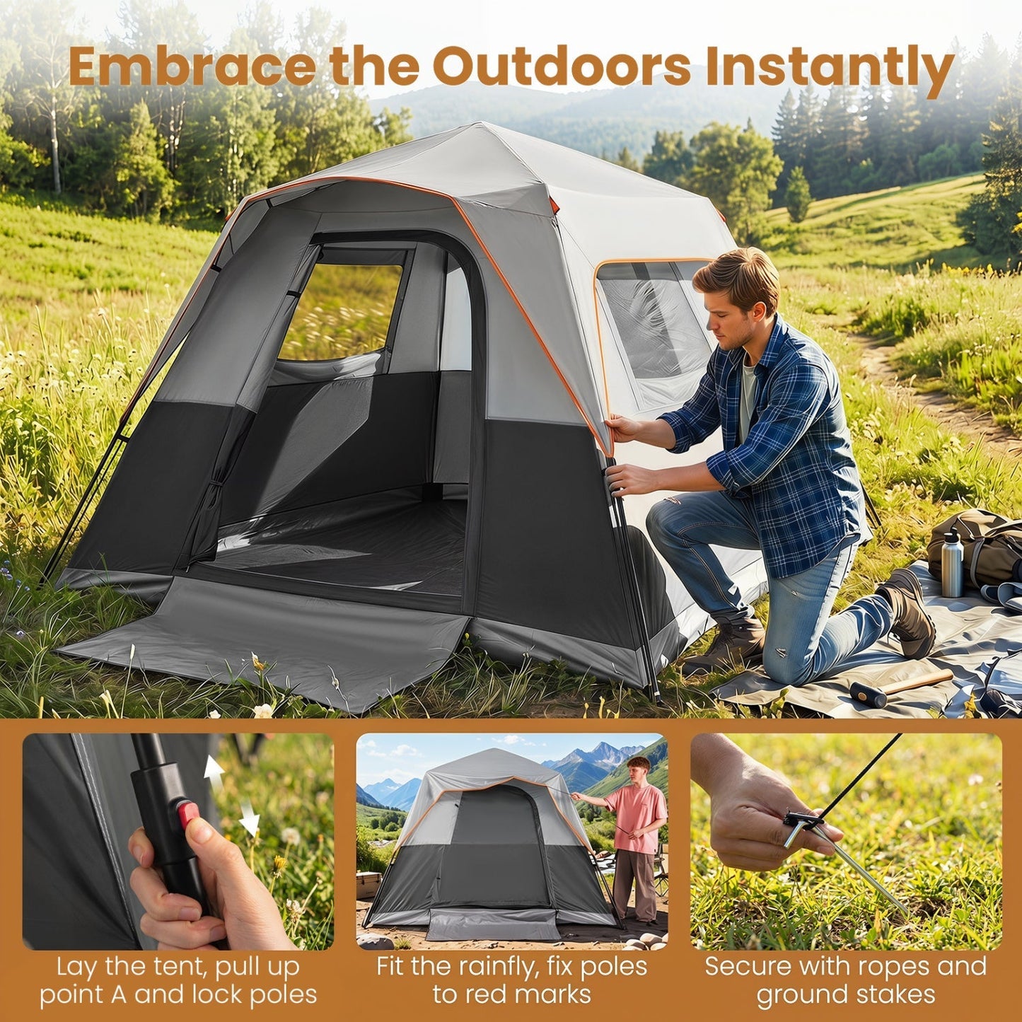 6-Person Instant Cabin Tent | Blackout Rainfly | 3000mm+ Waterproof | UPF 50+ | Gray or Orange